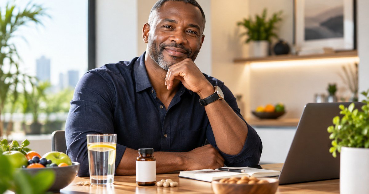 Middle-aged African man at home with fruit, water and a supplement bottle as part of a healthy lifestyle
